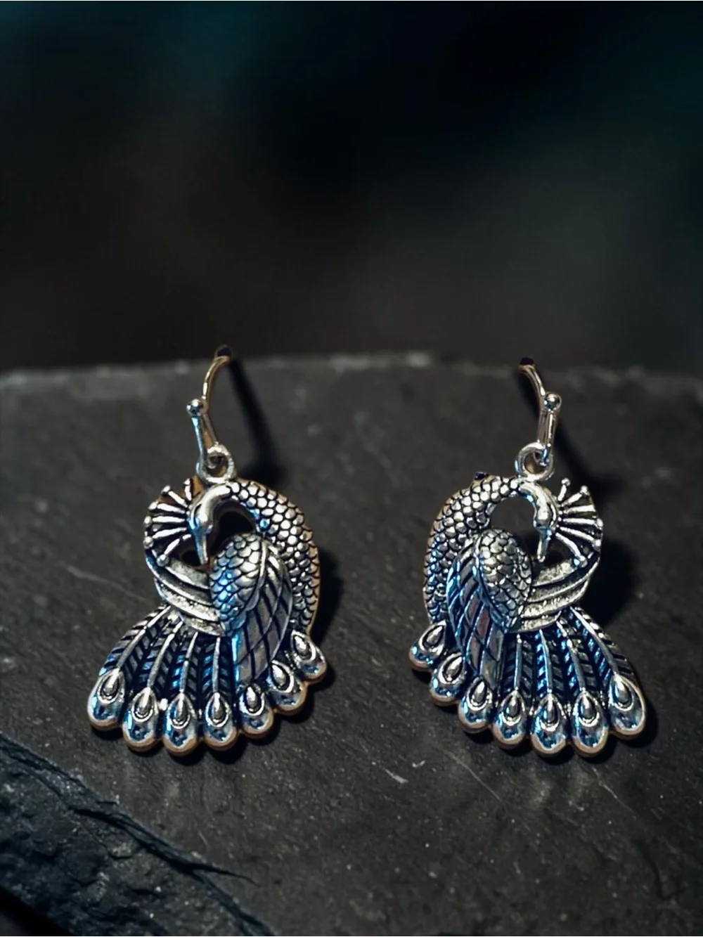 Silver Peacock Feather Drop Earrings